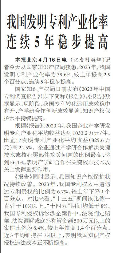 工人(rén)日報:中國發明(míng)專利産業化(huà)率連續5年穩步提高(gāo) 工人(rén)日報:中國發明(míng)專利産業化(huà)率連續5年穩步提高(gāo)